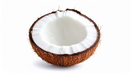 Half of a fresh ripe coconut with white meat isolated on a white background, concept of healthy eating and tropical food.
