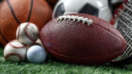 Assorted sports balls on artificial turf