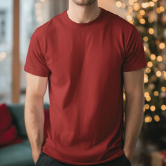 Man in Red T-Shirt at Christmas Tree