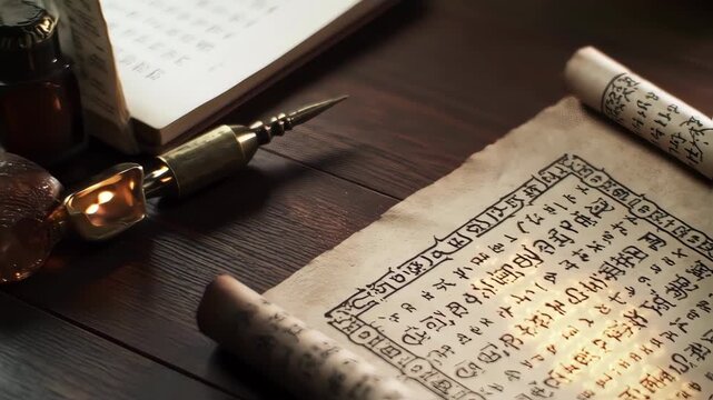 Ancient Scrolls and Quill on Wooden Table