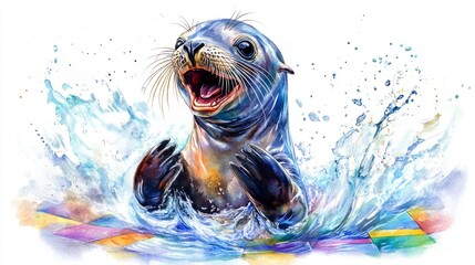  Animated Seal Emerging from Splashing Water Illustration