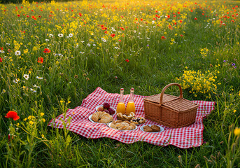 A vibrant picnic setup in a sunny meadow with wildflowers and a cozy blanket. Ideal for family, lifestyle, or outdoor leisure promotions.