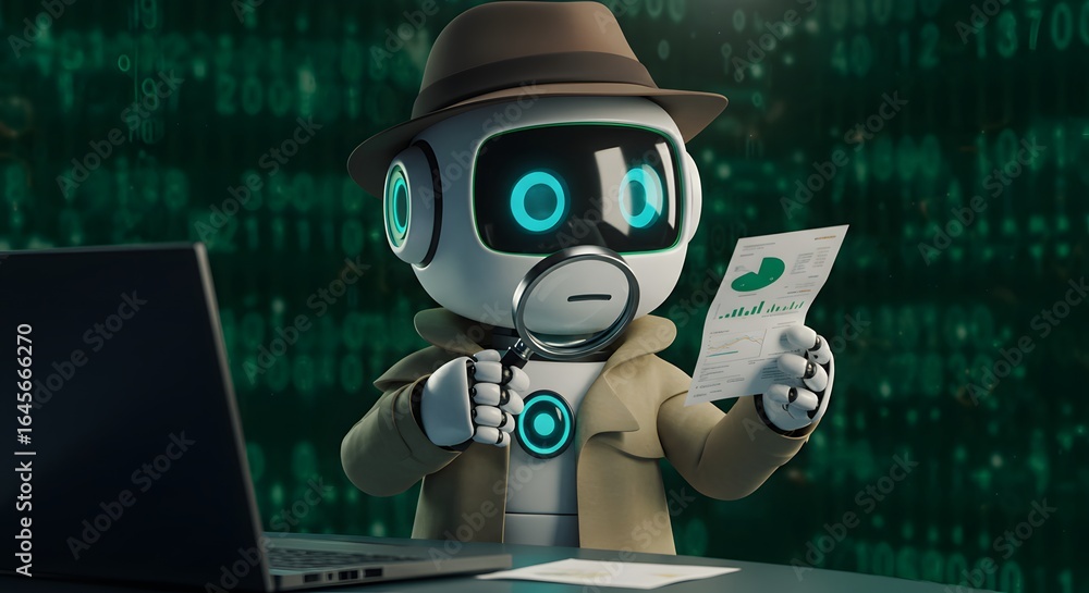 Poster ai detective robot analyzing data with magnifying glass and reports, concept of data analysis, cyber