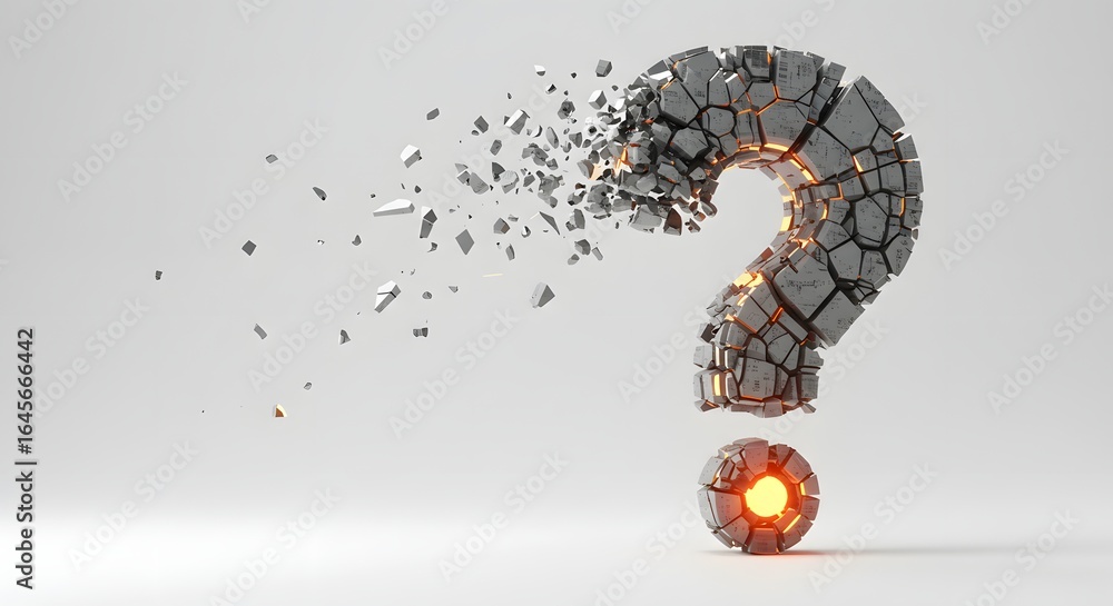 Poster 3d render of a fractured question mark with exploding fragments and glowing core, symbolizing uncert