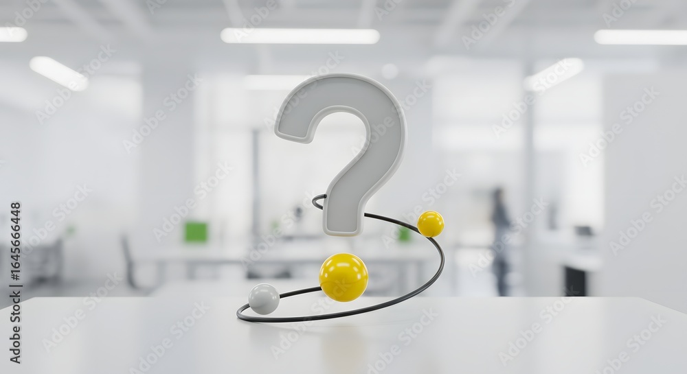 Poster 3d rendered question mark symbol with orbiting spheres in a modern office environment, representing 