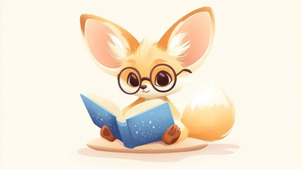  Fennec Fox Character Reading a Storybook Wearing Glasses on a Pillow