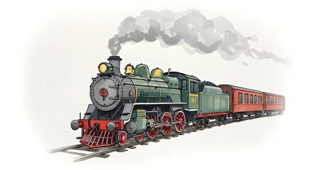 Obraz premium Vintage Steam Train Illustration with Passenger Cars
