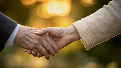 An elderly couple shares a heartwarming moment, their handshake symbolizing enduring love and senior companionship against a soft, bokeh-filled background.