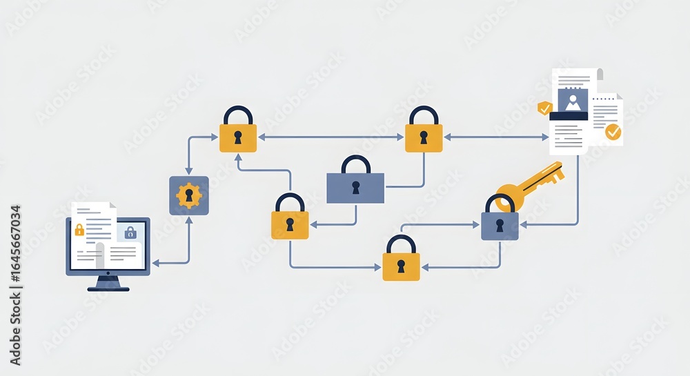 Poster cybersecurity concept: secure data flow, digital privacy and protection illustrated with padlocks, d
