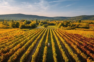 Vineyard landscape in autumn with vineyard worker among rows of grapevines during golden hour light