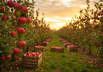 A colorful orchard bursting with ripe apples and rustic crates under an autumn sky. Ideal for agriculture, food, or seasonal imagery.