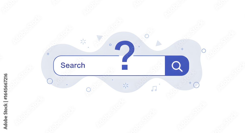 Poster conceptual illustration of a search bar with a question mark, representing online search, informatio