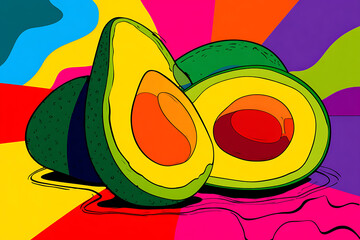 Vibrant illustration of sliced avocados on a colorful abstract background, showcasing freshness