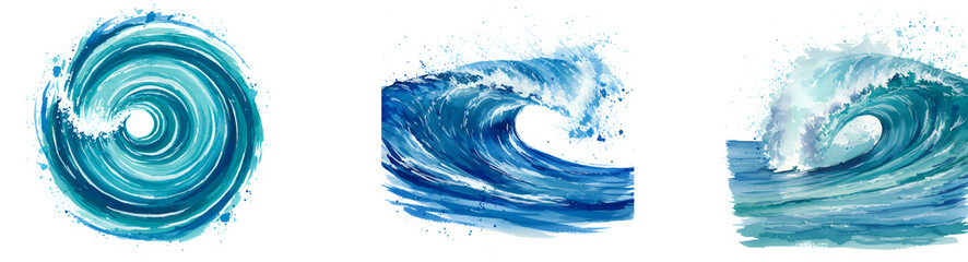 Fototapeta premium Three stylized water waves in various forms including a spiral and ocean waves on a plain setting on transparent background