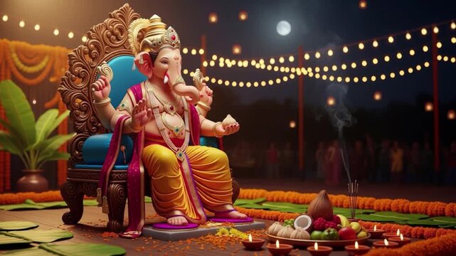 Ganesh at Night Celebration with Offerings and Lights During Ganesh Chaturthi Festival