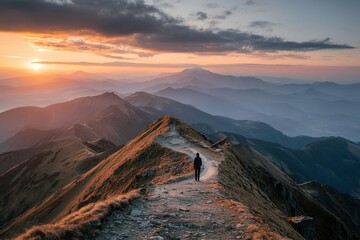 Naklejka premium Hiker walking along a mountain ridge at sunset with vibrant colors lighting the sky