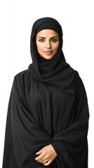 Naklejka premium Confident young Arab woman in elegant black abaya and hijab, natural portrait on neutral background.