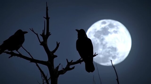 Silhouette of two crows perched on a bare tree branch at night under a full moon
