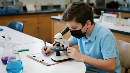 A young boy in a science lab, wearing a mask, looking through a microscope and taking notes.