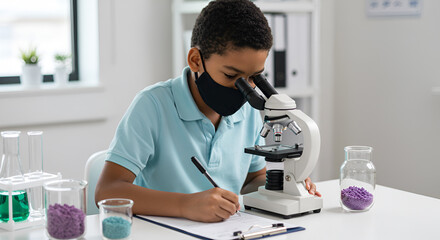 Young boy in a science lab, wearing a mask, observing a microscope and taking notes.