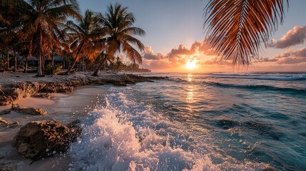 Tropical beach at sunset with palm trees and crashing waves