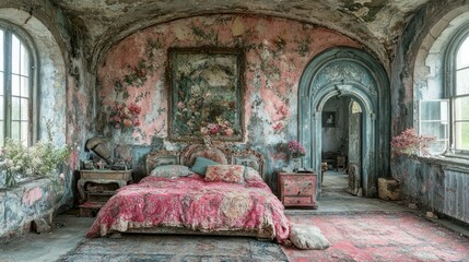 Ruined room with floral decor