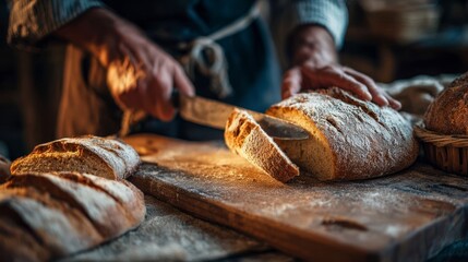 Artisan bread slicing closeup