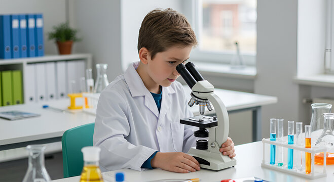 A young boy intently studies a specimen through a microscope in a bright, well-equipped science classroom.