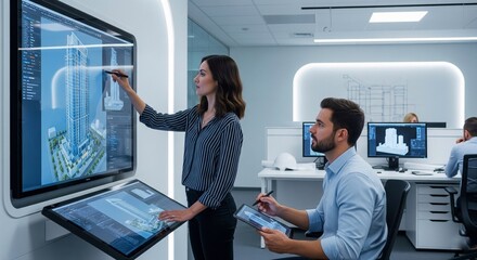 Two architects collaborating, reviewing skyscraper designs using touch screen technology, analyzing building plans for real estate investment and urban planning in a modern office.