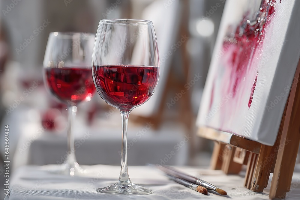 Aufkleber enjoying red wine while creating abstract art in a bright studio during a creative afternoon session