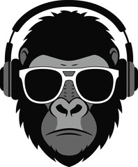 Bold vector illustration of a gorilla wearing headphones and sunglasses, a powerful black and white mascot design perfect for modern apparel, urban brands, and music-themed projects.