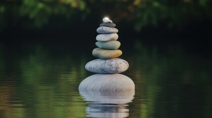 Obraz premium Stacked balanced stones in water with reflection rock