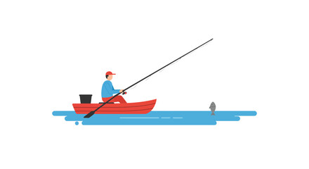 Fisherman angling for a catch in calm waters, simple flat vector art bringing a peaceful outdoor vibe