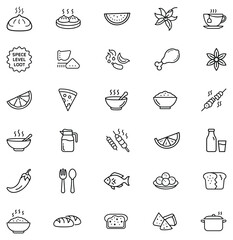 A versatile set of minimal black and white line icons representing various foods, drinks, and spices, including dumplings, watermelon, tea, pizza, soup, rice, chicken drumsticks, skewers, chili pepper