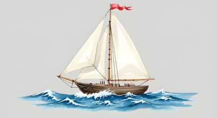 Fototapeta premium Watercolor Painting of a Classic Sailboat on the Ocean