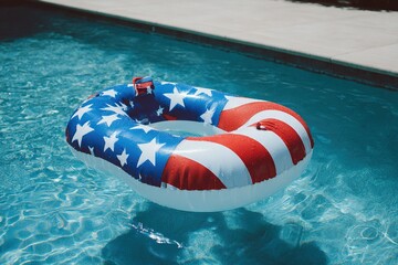 Floating pool ring with patriotic design resting in clear water on a sunny day