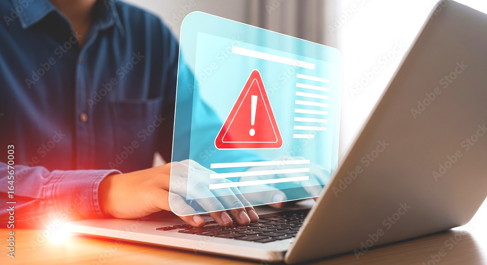 Poster person using laptop with red exclamation mark warning sign displayed on the screen overlaying the sc