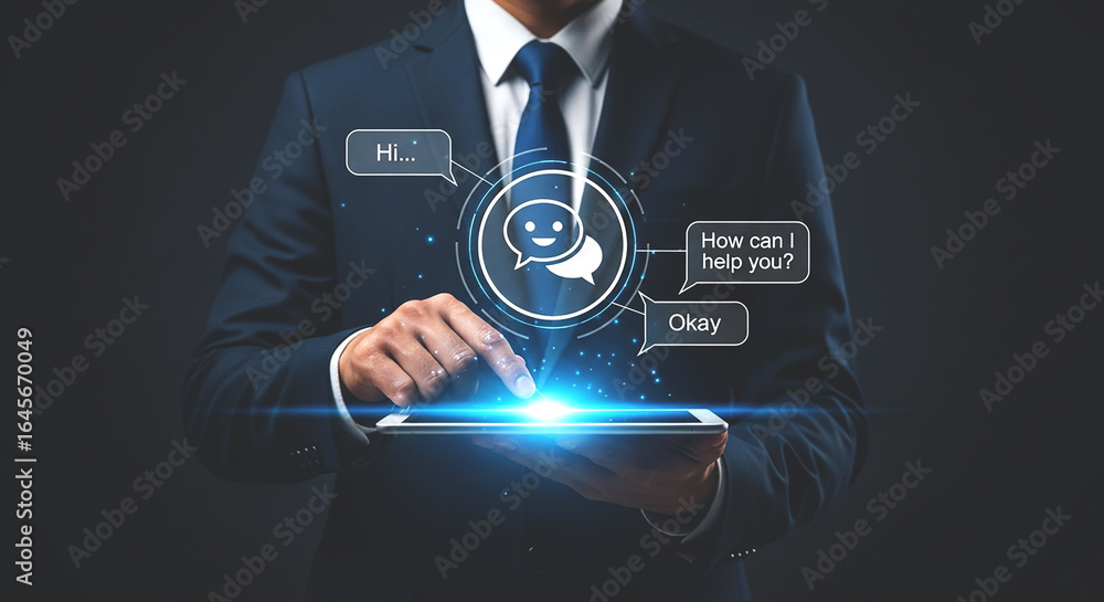 Poster businessman interacting with a digital chatbot interface on a tablet device in a dark setting