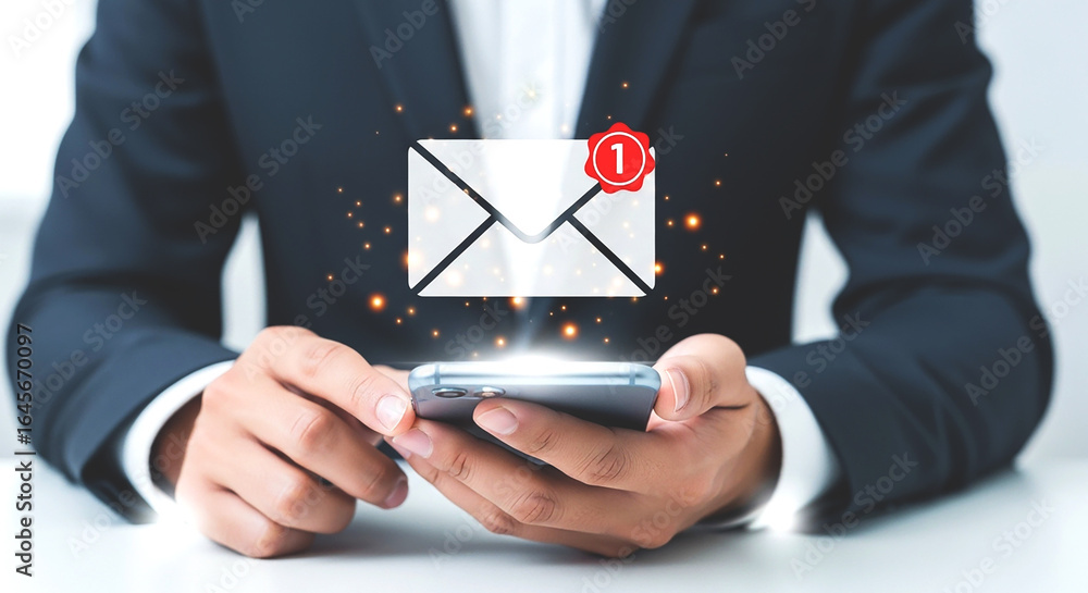 Poster man holding smartphone with email notification icon floating above in a business setting indoors