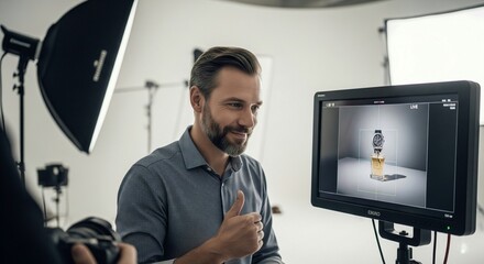 Smiling photographer giving thumbs up in a studio, reviewing perfume and watch product photography on a monitor during a commercial shoot.