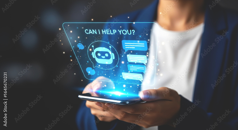 Poster person holding smartphone with digital chatbot interface displaying can i help you question