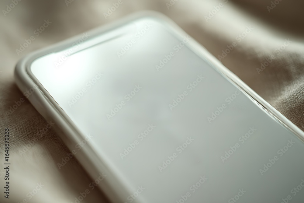 Poster close-up view of a blank smartphone on a soft surface in a cozy indoor setting during daylight hours