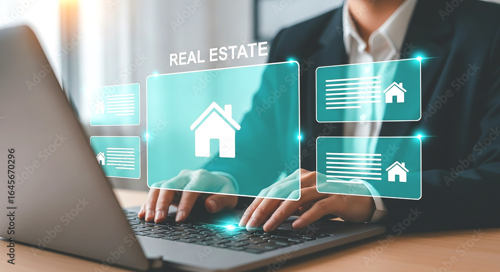 Poster person using laptop with real estate interface displaying house icons and text boxes on screen