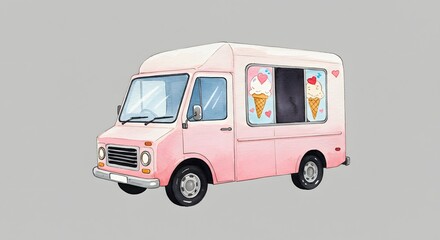 Watercolor Pink Ice Cream Truck Illustration
