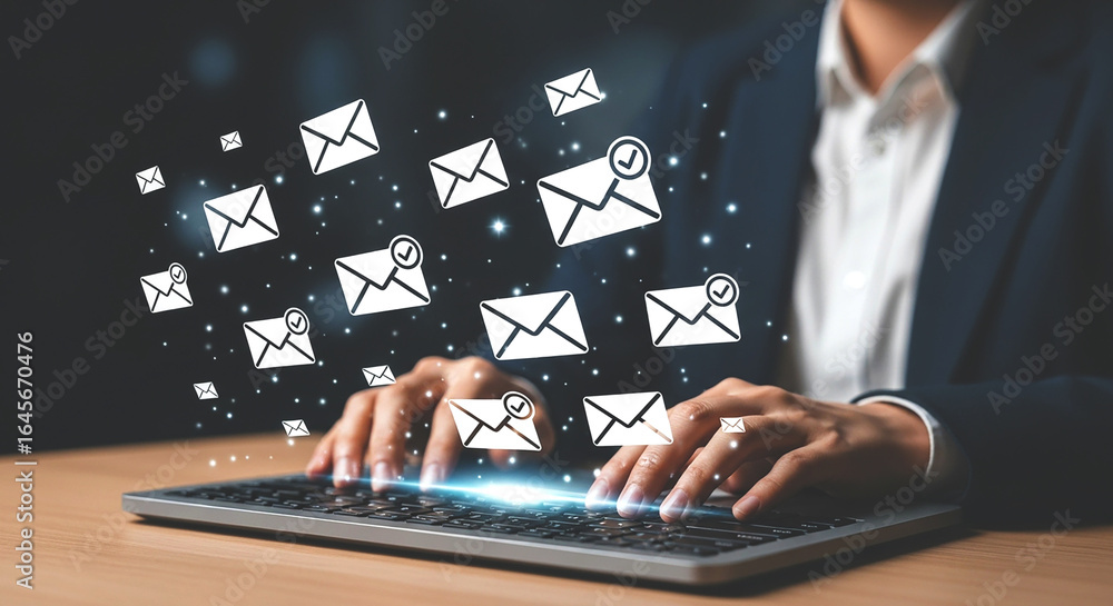 Poster person typing on a keyboard with email icons floating around representing digital communication flow