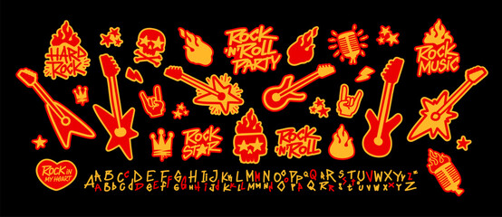 Cool Rock music and Punk flame style doodle sticker set. Rock and Roll Doodle Font with Stickers: Skull, Guitar, Fire, Music Icons with skulls, guitars, flames, punk symbols
