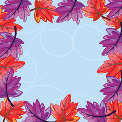 Fallen leaf border frame, colorful autumn leaves, blue background, round center, decorative festive vector design