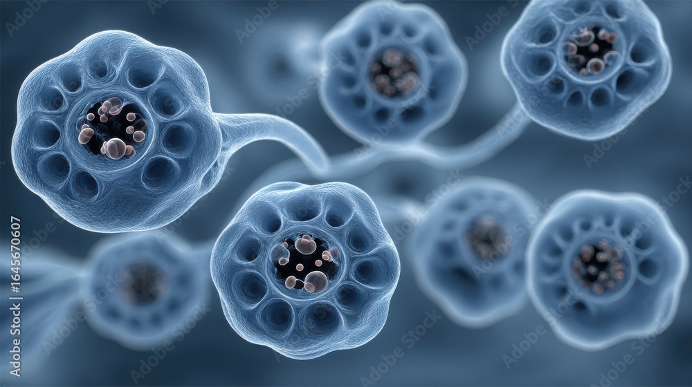 Aufkleber close-up 3d render of translucent cellular structures with organic patterns, symbolizing biology, mi