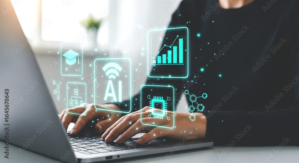 Poster person typing on laptop with ai and technology icons hovering above the keyboard and hands in focus