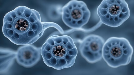 Close-up 3D render of translucent cellular structures with organic patterns, symbolizing biology, microbiology, and scientific research.
